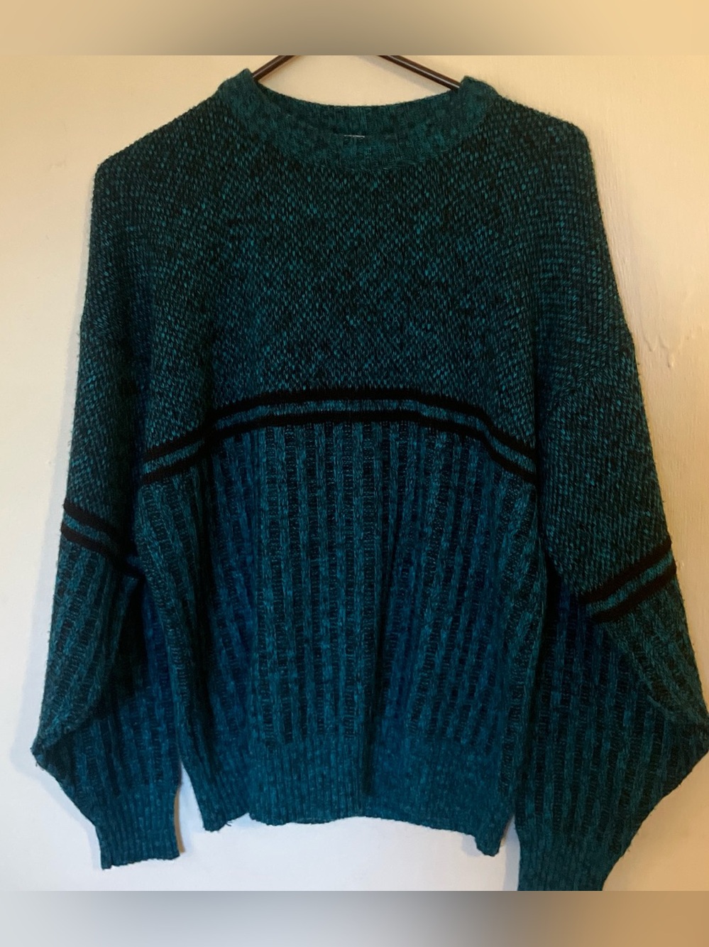 Vintage 1980s Teal Ribbed Knit Sweater with Black Stripes